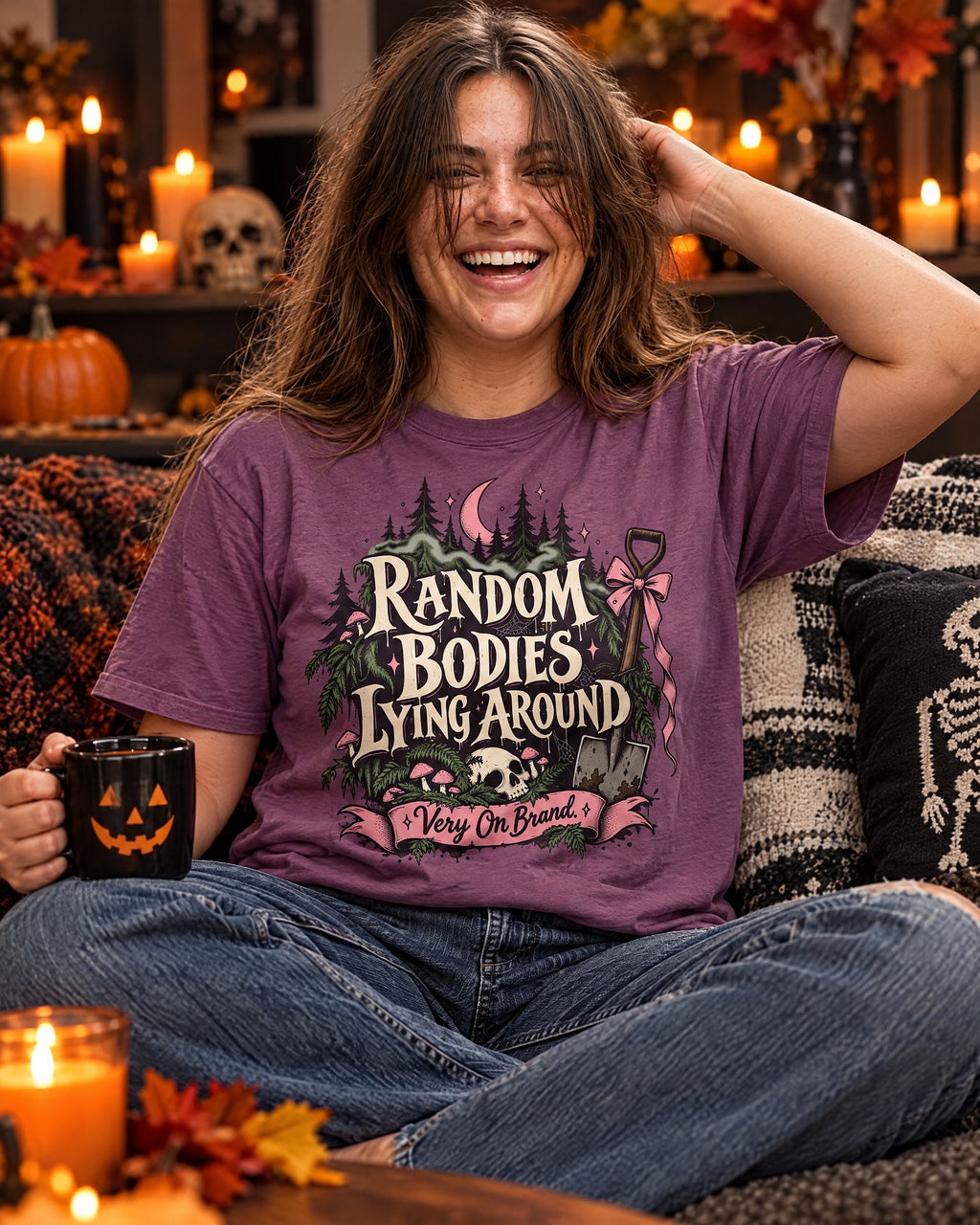 Lifestyle hero mockup for Random Bodies Lying Around Graphic T-Shirt.