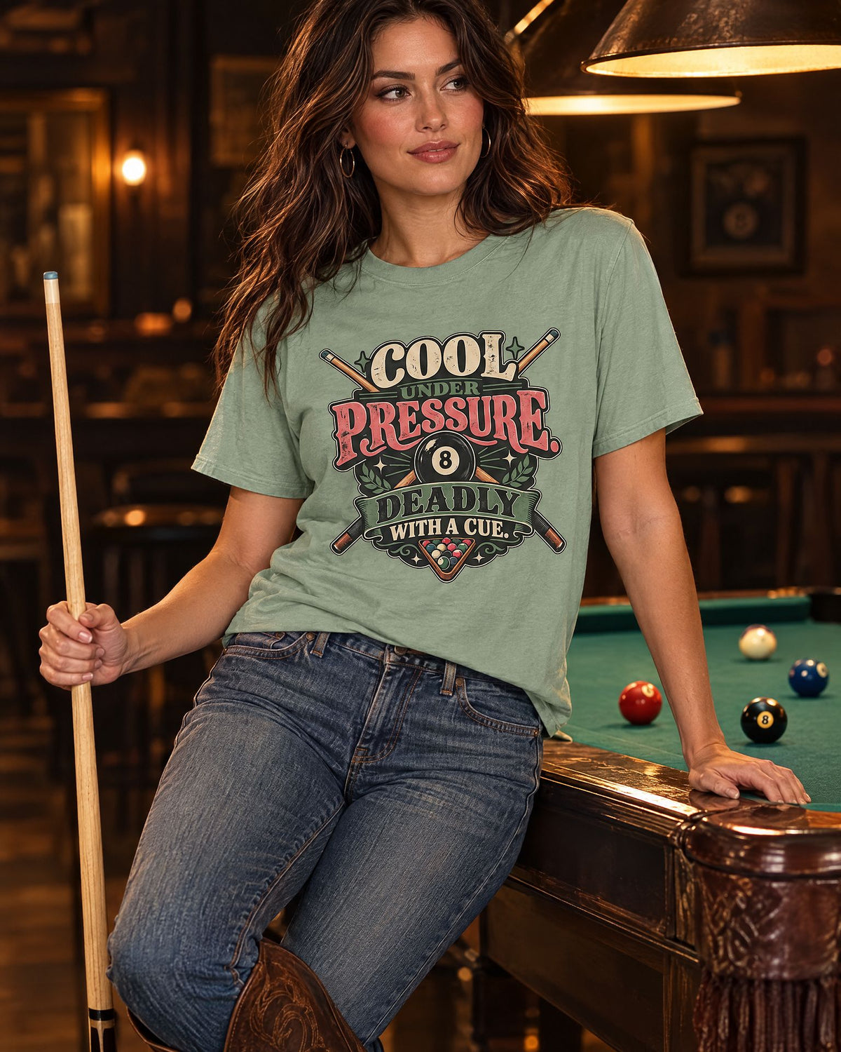 Lifestyle hero mockup for Cool Under Pressure Deadly With a Cue Retro Pool T-Shirt.