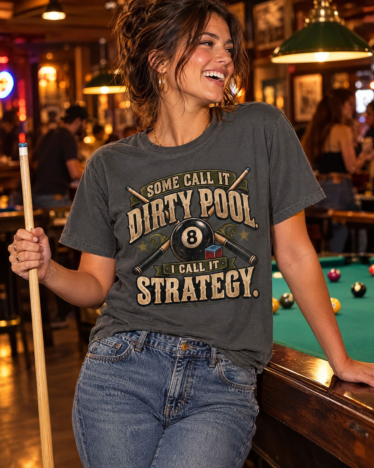 Lifestyle hero mockup for Some Call It Dirty Pool I Call It Strategy Retro Billiards T-Shirt.