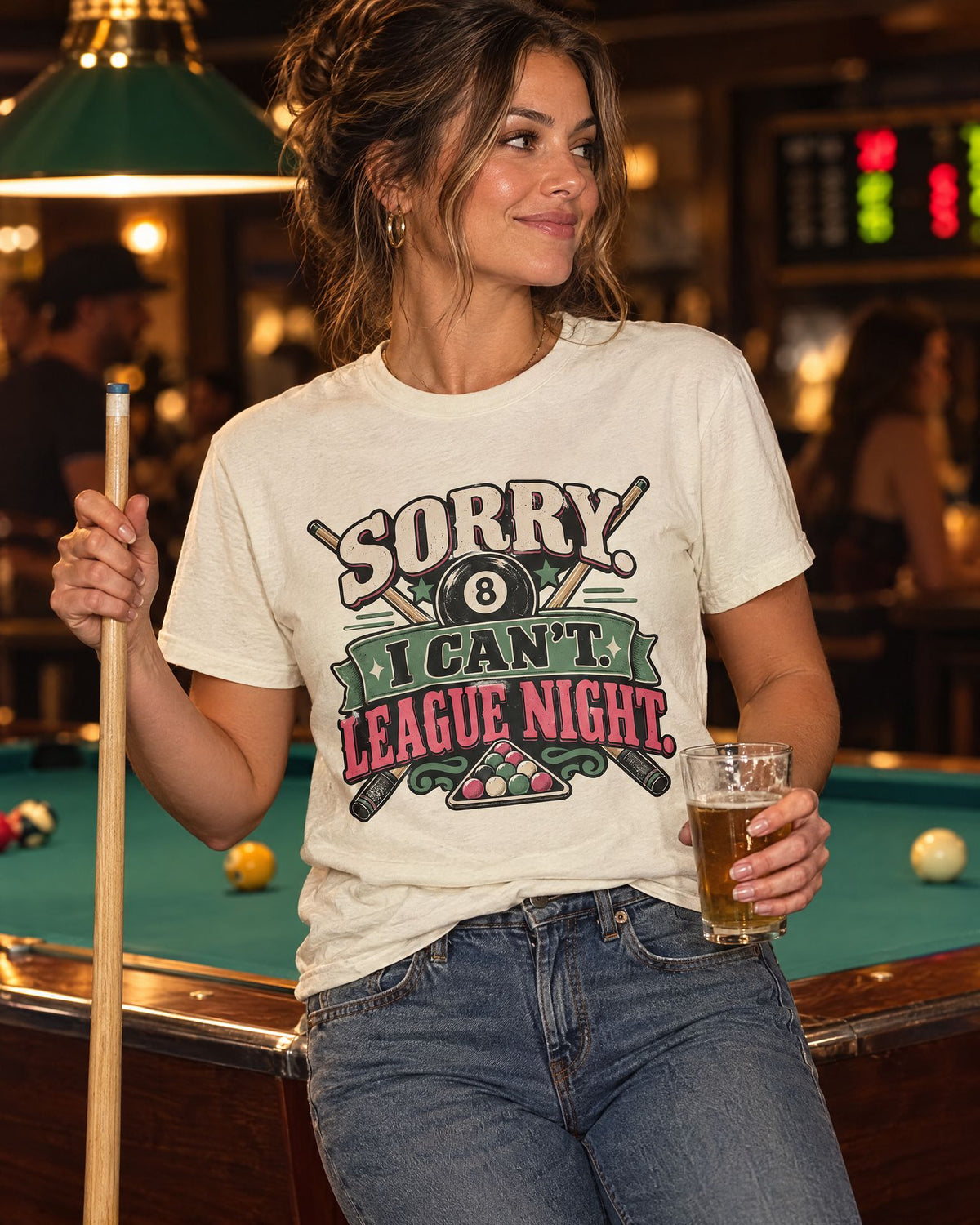 Lifestyle hero mockup for Sorry I Can’t League Night Pool T-Shirt.