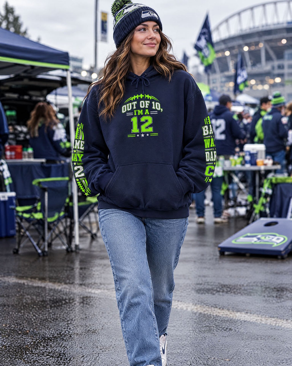 Lifestyle hero mockup for Out of 10 I’m a 12 Game Day Hoodie.