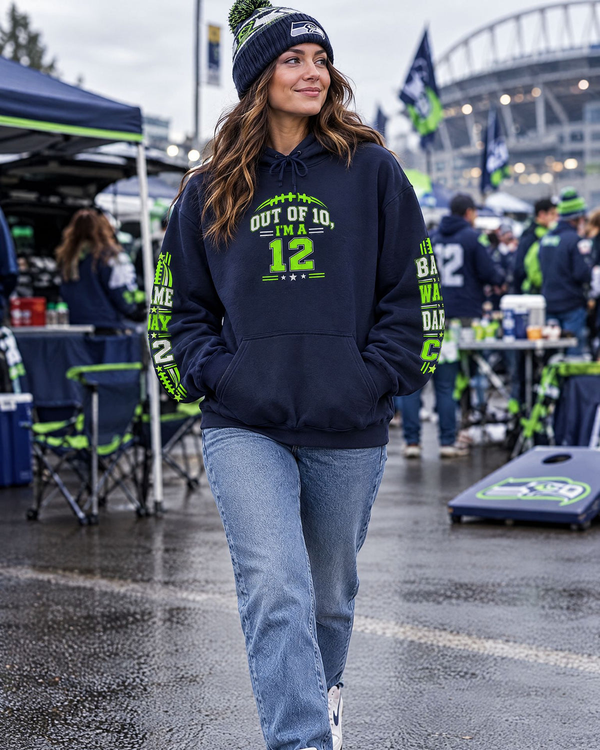 Lifestyle hero mockup for Out of 10 I’m a 12 Game Day Hoodie.