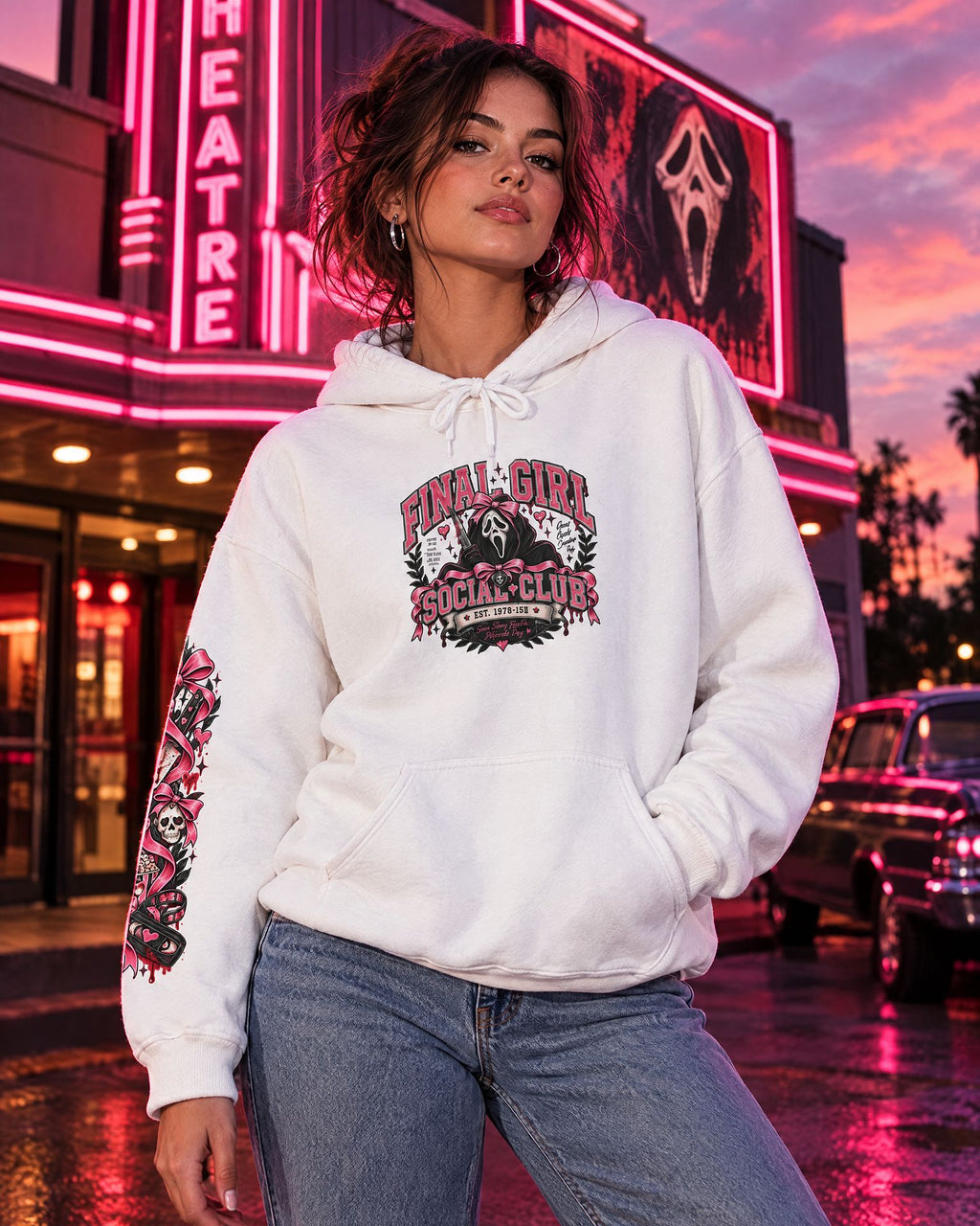 Lifestyle hero mockup for Final Girl Social Club Hoodie.