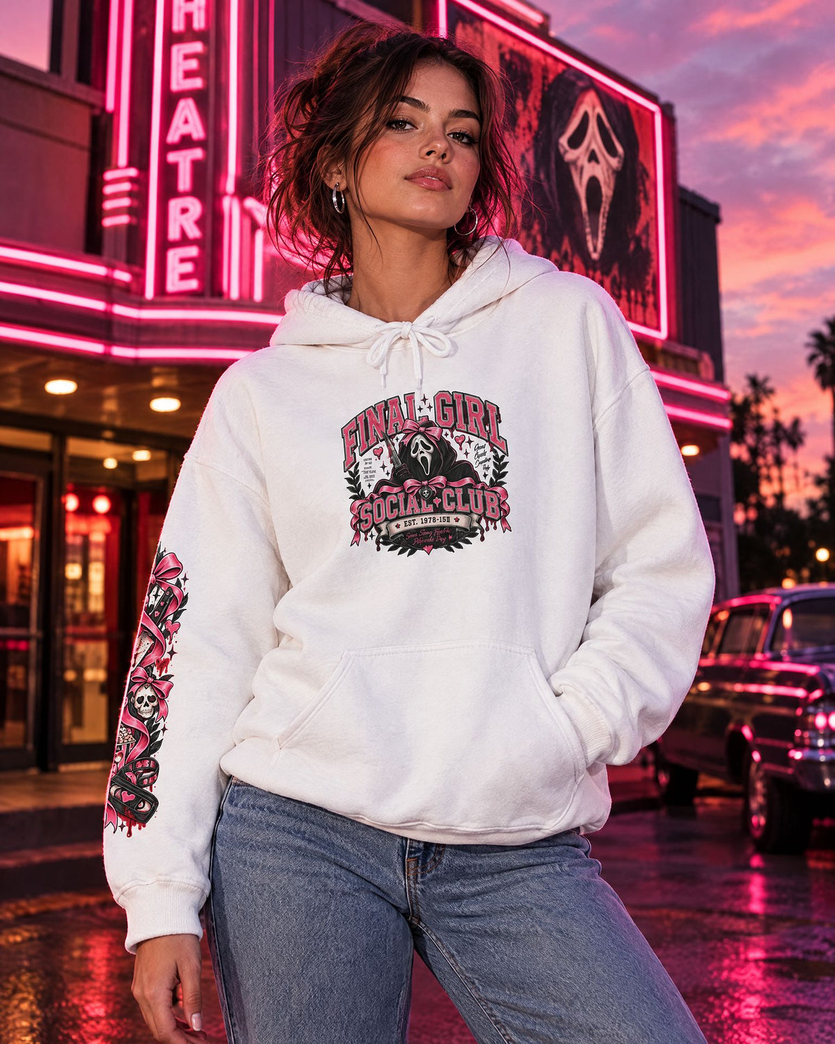 Lifestyle hero mockup for Final Girl Social Club Hoodie.