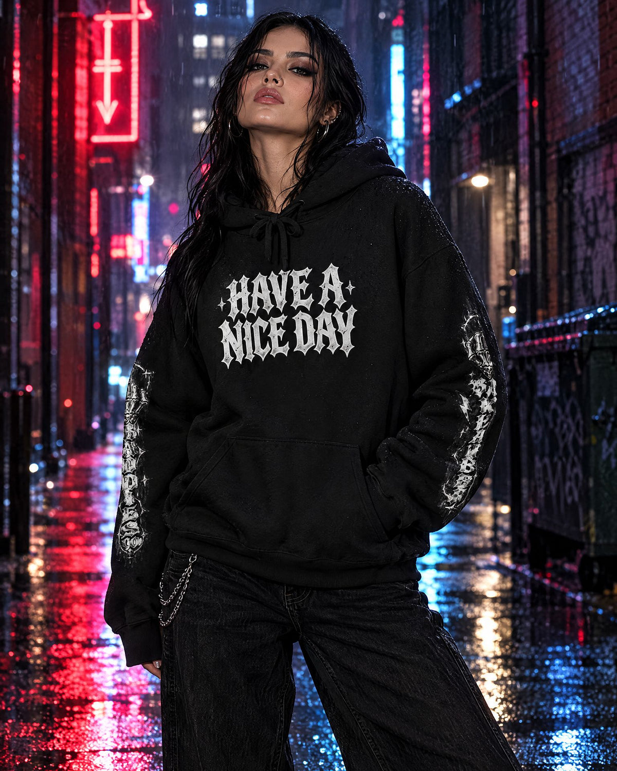 Lifestyle hero mockup for Have a Nice Day Gothic Sleeve Hoodie.