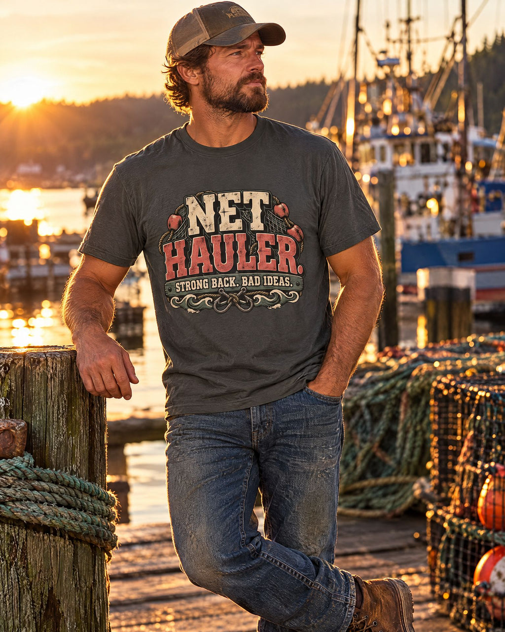 Lifestyle hero mockup for Net Hauler Strong Back Bad Ideas Tee.