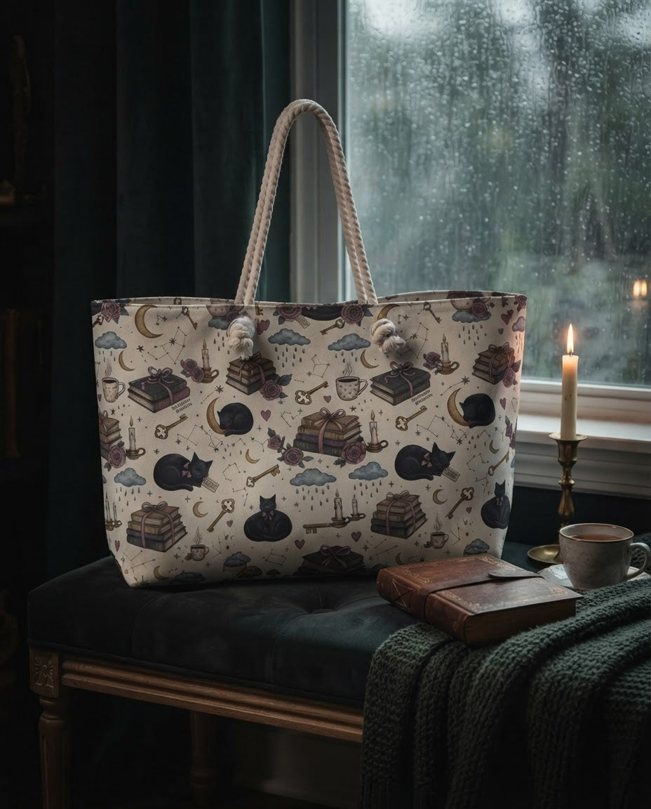 Witchy bookish weekender bag in a cozy rainy reading nook